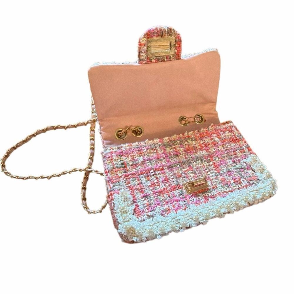 Classic tweed pearl pink shoulder bag purse super cute classic gold closure - Picture 8 of 9